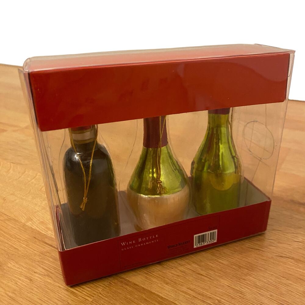 NIB World Market Holiday Set of 3 Wine Bottle 4" Tall Glass Ornaments Christmas